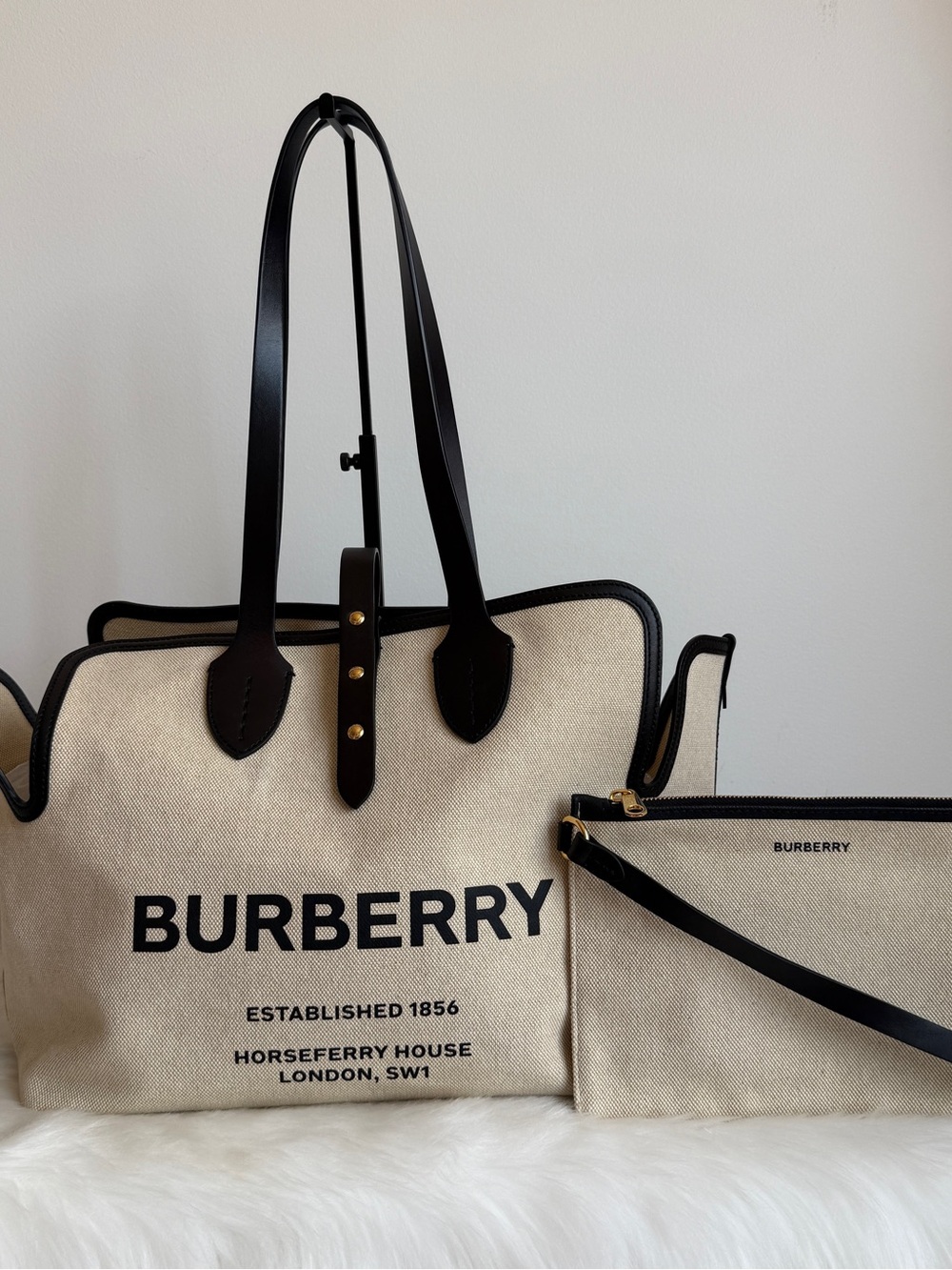 Burberry Beige Canvas Tote with Black Leather Trim and Pouch
